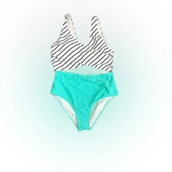 Pat Pat Women’s Striped Black/White Top with Teal Bottom Swimsuit One Piece Sz M - Picture 6 of 6